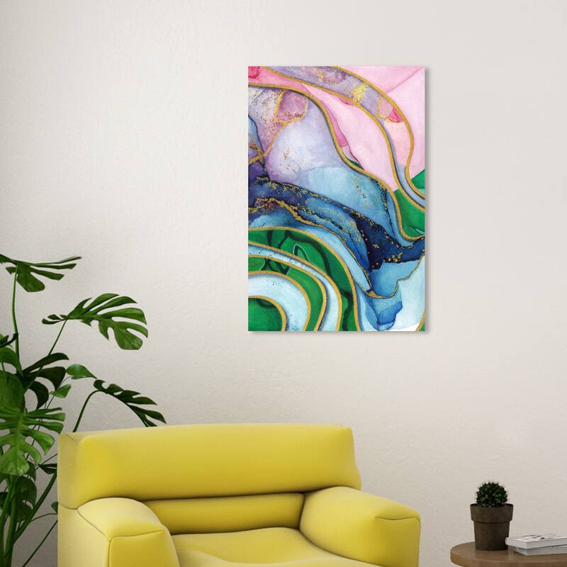 Wynwood Studio Canvas Abstract Golden Flow Gems Blue and Pastel Pink Modern & Contemporary Wall Art Canvas Print - 30 x 20
