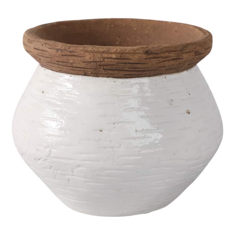 Pottery Planter Textured Design Indoor Outdoor Use - 7" White, Tan - 8" x 8" x 6.5"