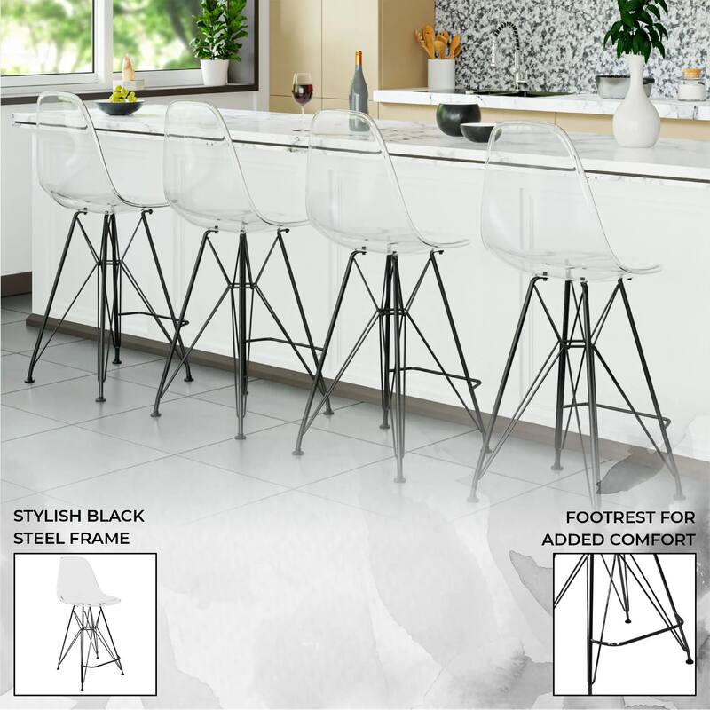 Cresco Acrylic Barstool in Brushed Black Steel Base with Ergonomic Seat, Footrest, & Floor Pads for Kitchen or Home Bar Set of 2