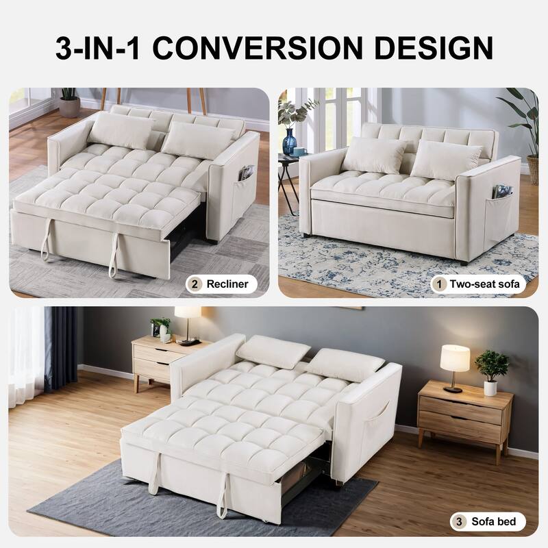 Modern 68" L 3-in-1 Multi-Functional Beige Sleeper Sofa with Iron Frame Pull-Out Loveseat