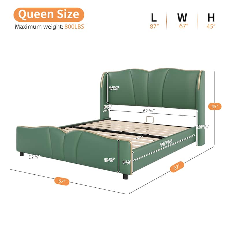 Roomfitters Queen Size PU Upholstered Platform Bed Frame with Wingback Headboard and Wavy Footboard, Modern Leather Bed