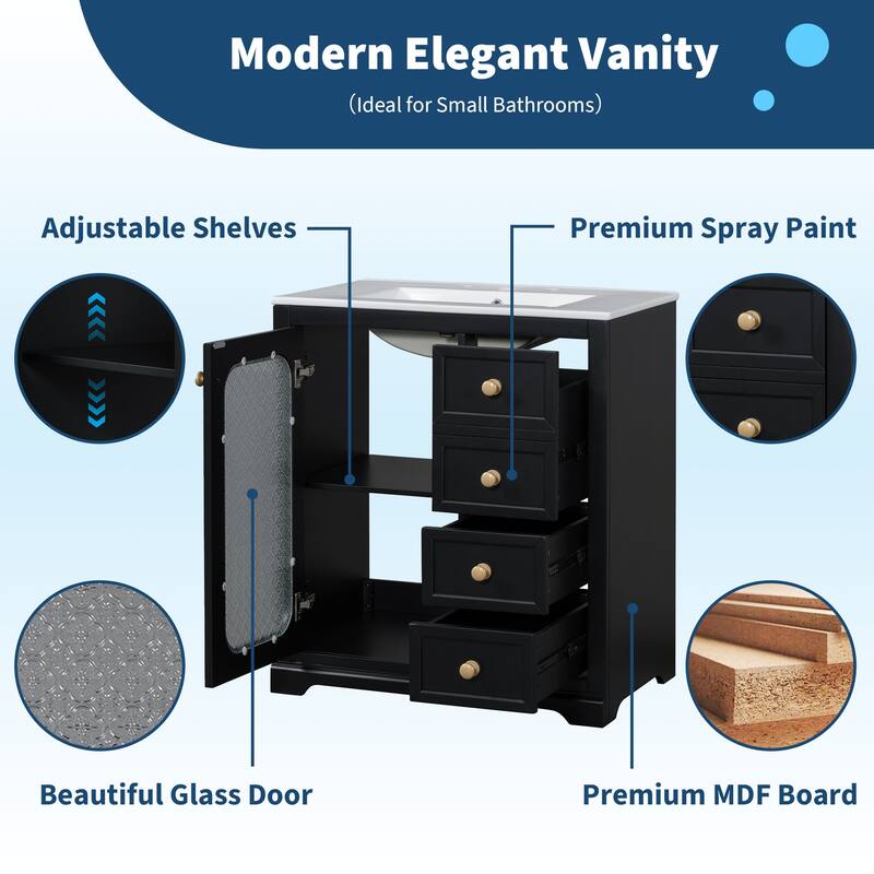 30-inch Bathroom Vanity with a Soft Close Glass Door, Adjustable Shelves, and Three Drawers