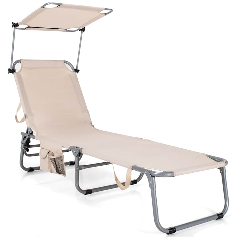 Folding Chaise Lounge Chair Adjustable Beach Patio Recliner - Beige