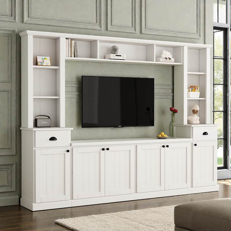 Modern Entertainment Wall Unit with Bridge for TVs up to 75", Large TV Stand Set with Adjustable Shelves and Storage, 103" - White