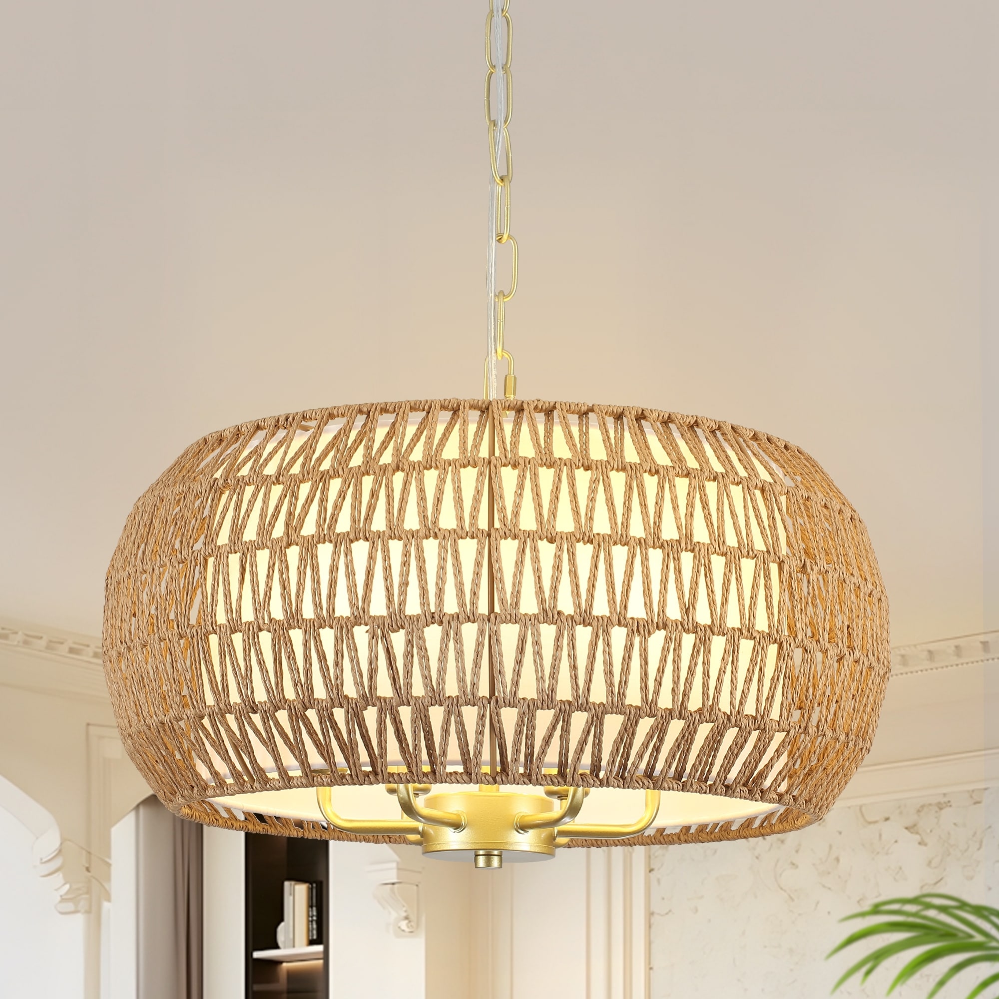 6 - Light Dimmable Bohemian Drum Natural Rattan Chandelier - 18.89 in
