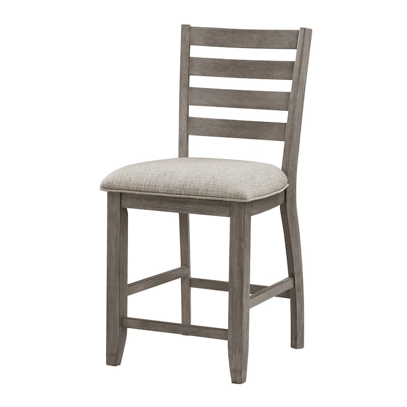 Trea 26 Inch Counter Height Chair, Ladder Back, Polyester, Gray Solid Wood