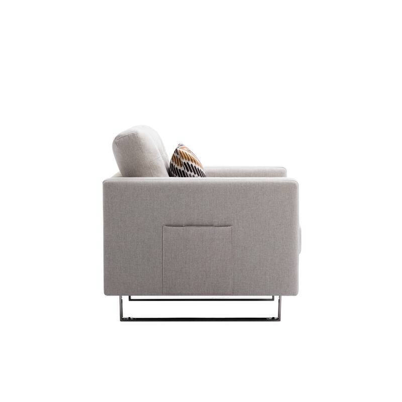 33.5" Linen Fabric Armchair with Metal Legs, Side Pockets, and Pillow