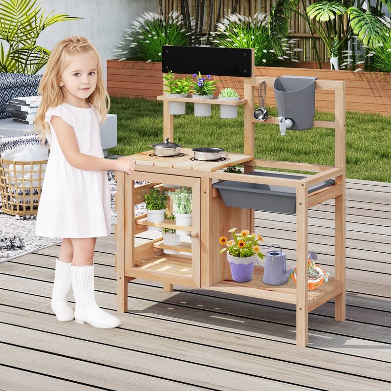 Gymax Mud Kitchen Kids Pretend Play Kitchen Toy Set Outdoor Wooden