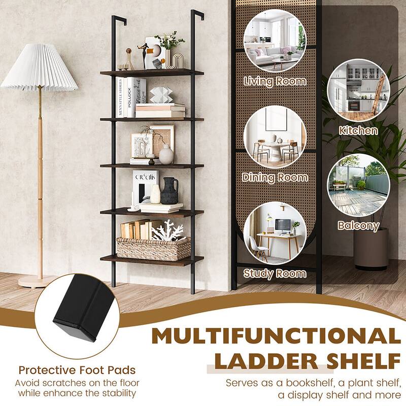 Gymax 5 Tier Ladder Shelf 71'' Height Wall-Mounted Bookshelf Display