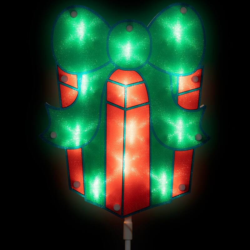 Lighted Holographic Gift Box Outdoor Christmas Pathway Markers - 24.5" - Set of 3 - Red