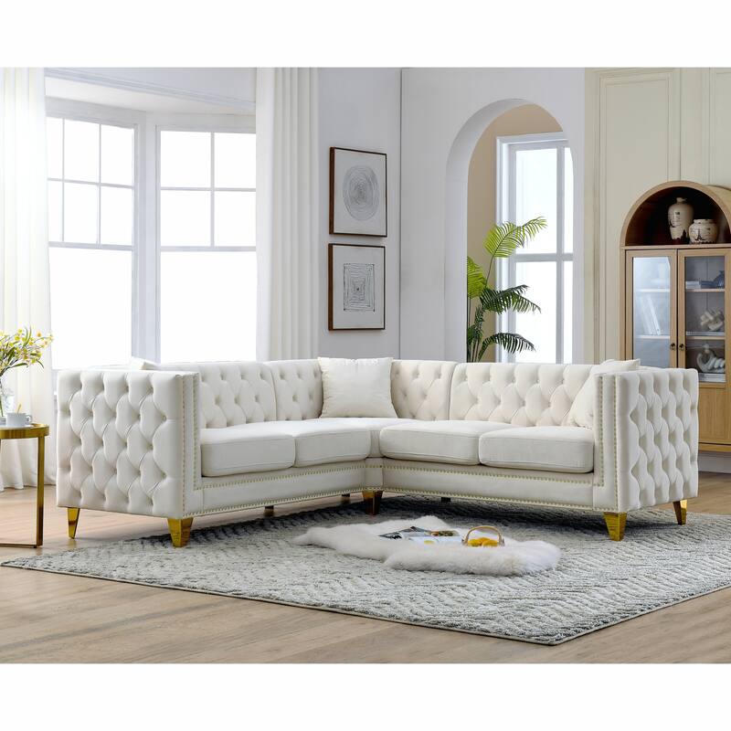 Beige 82.2'' Velvet Chesterfield L-Shaped Sofa for 5 with Nailhead Trim and Tufted Cushions