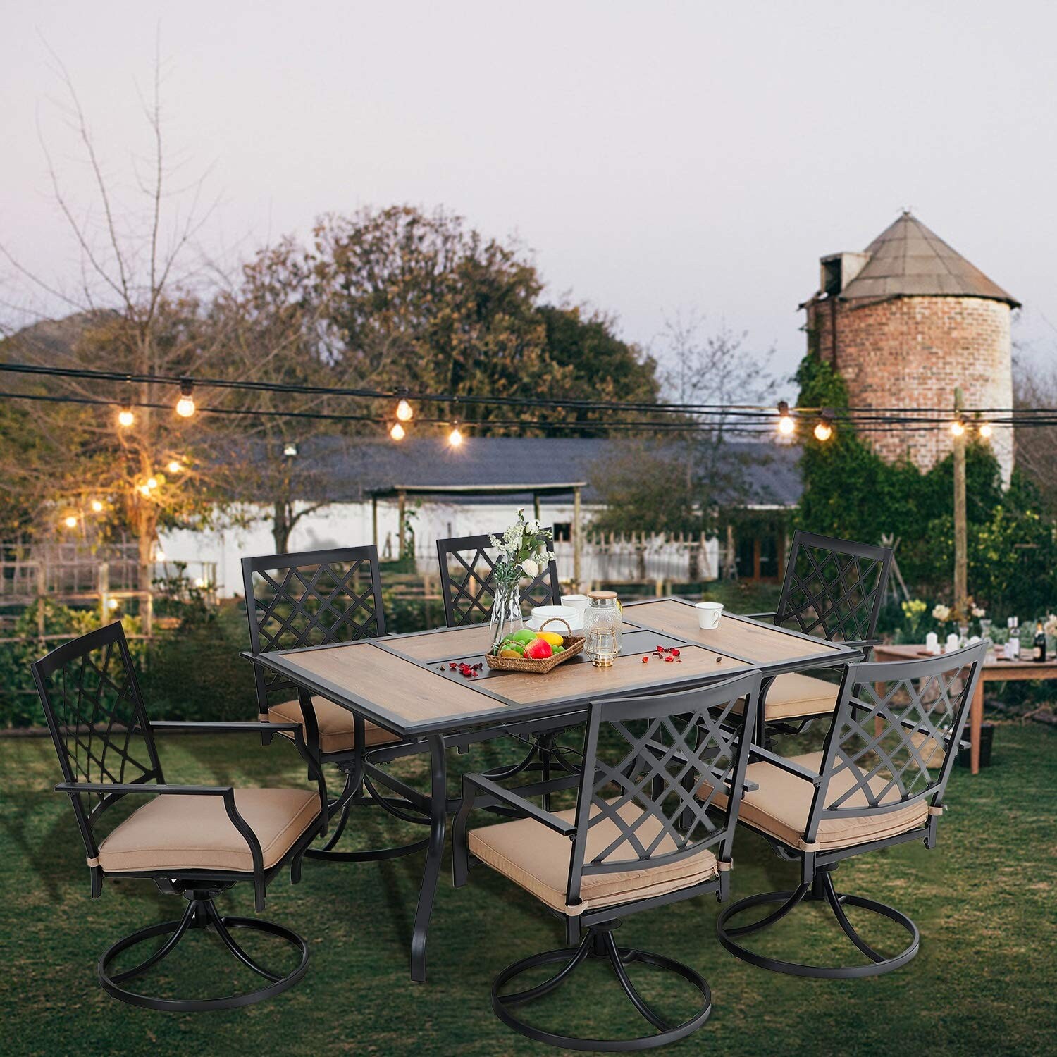 Phi Villa Outdoor Patio Dining Set 7 Pieces Metal Furniture Set 6 X Swivel Chairs With 1 Rectangular Umbrella Wood Like Table Overstock 32063379
