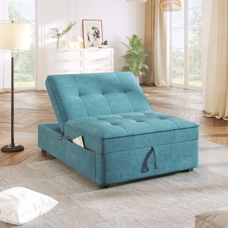4-in-1 Convertible Sofa Chair Bed, Folding Ottoman Bed Armless Sofa Chair with Storage Pocket and USB Port for Living Room