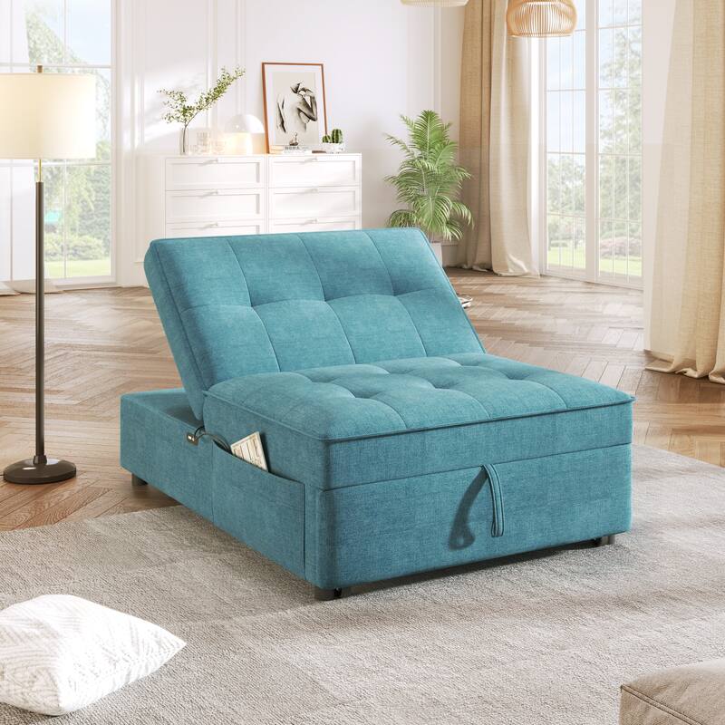 4-in-1 Sofa Bed, Folding Ottoman Bed with Storage Pocket and USB Port - Blue