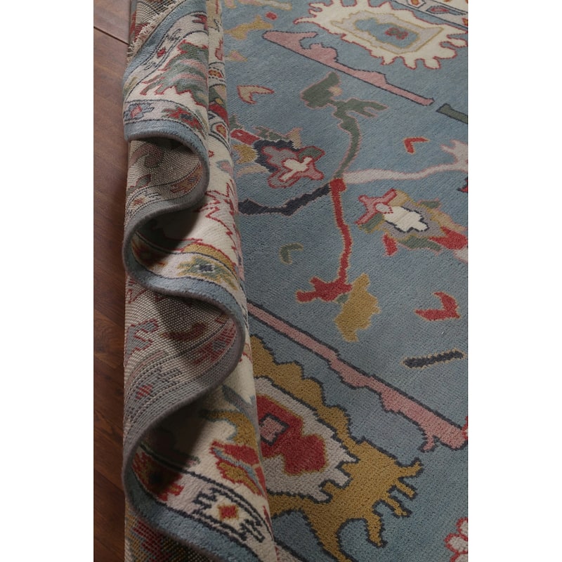 Blue Oushak Area Rug Hand-Knotted Floral Wool Carpet - 8'2" x 10'0"