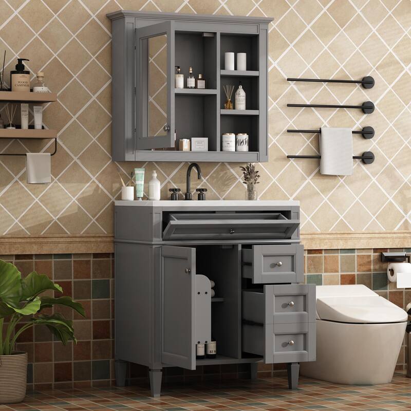 30" Bathroom Vanity with Mirror, Sink, and Storage Cabinet