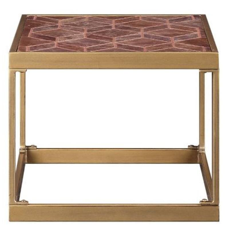 HomeRoots 16" Brass And Warm Brown Leather Rectangular End Table - 24' X '16' X '20