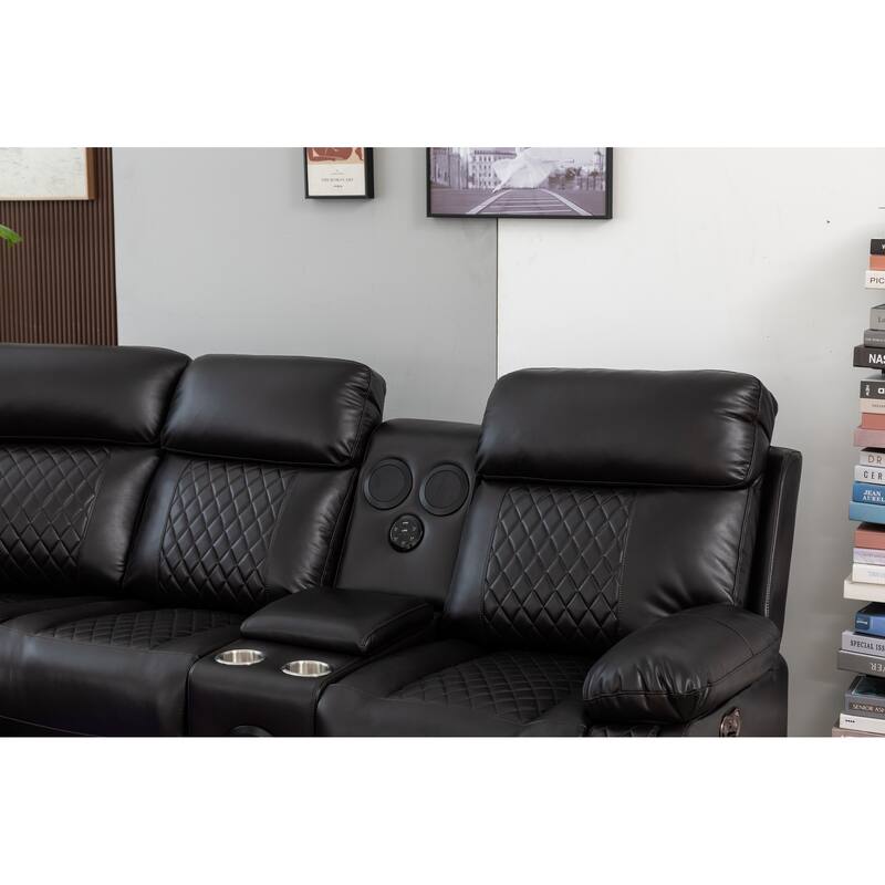 Hathrone 98.5" Wide Vegan Leather Power Reclining Sectional with LED, USB and SubWoofer Sound System