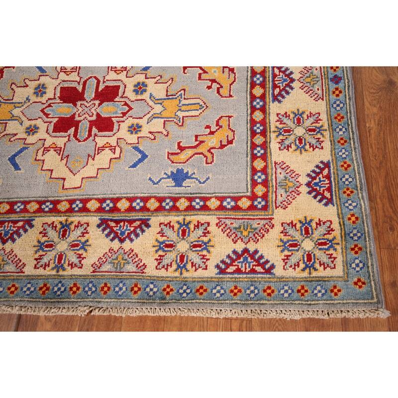 Geometric Kazak Area Rug Hand-Knotted Bedroom Wool Carpet - 4'1" x 6'0"