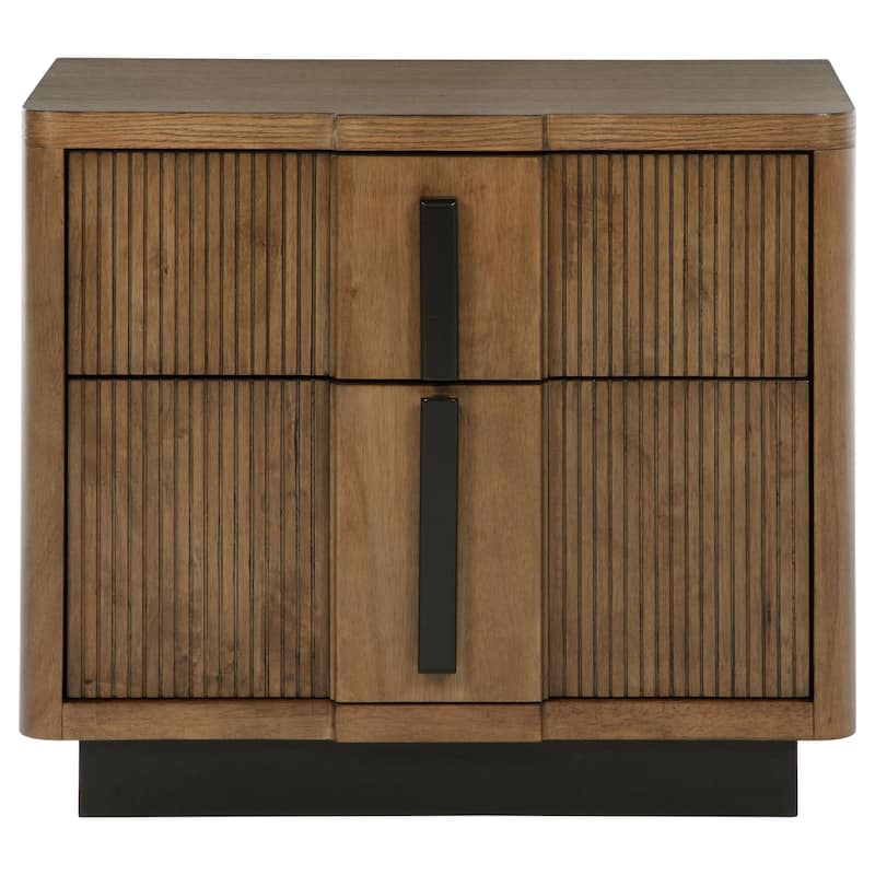 Reon Nightstand, 2 Drawers, Decorative Reeded Ash Brown Black Wood