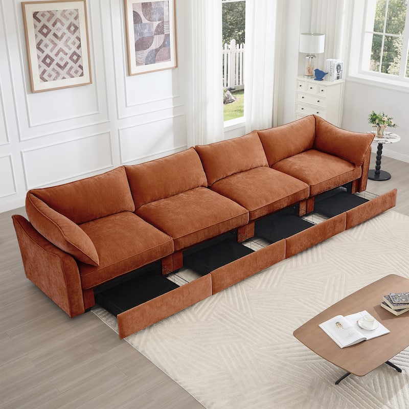 GDFStudio - Super Large 4-Seater 146.4" Chenille Sofa with Storage Pull-Out Drawers