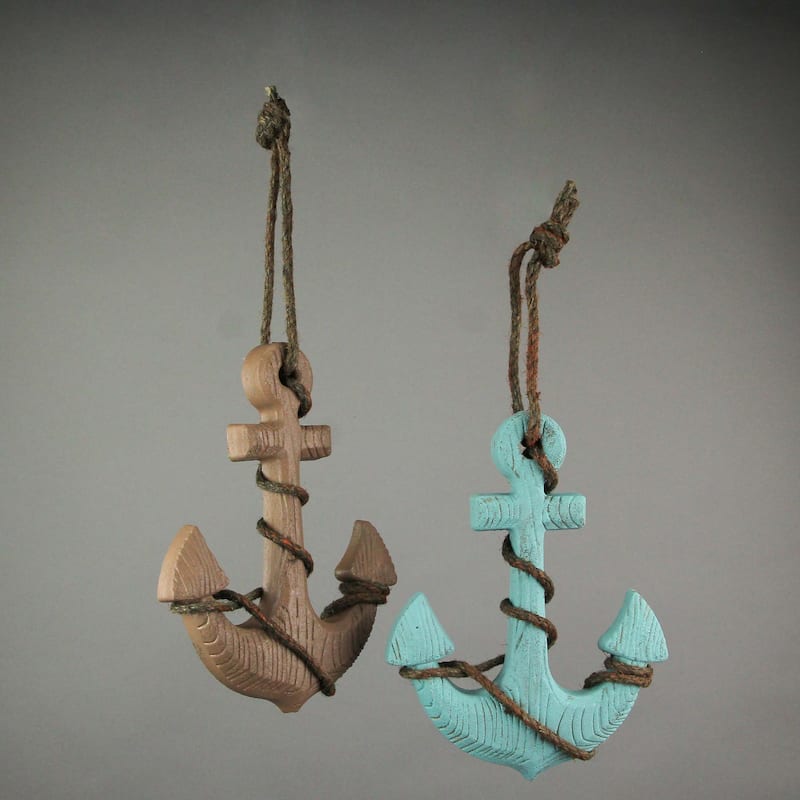 Wooden Ship Anchor Wall Hangings Blue And Brown 8.75 Inch (Set Of 2)