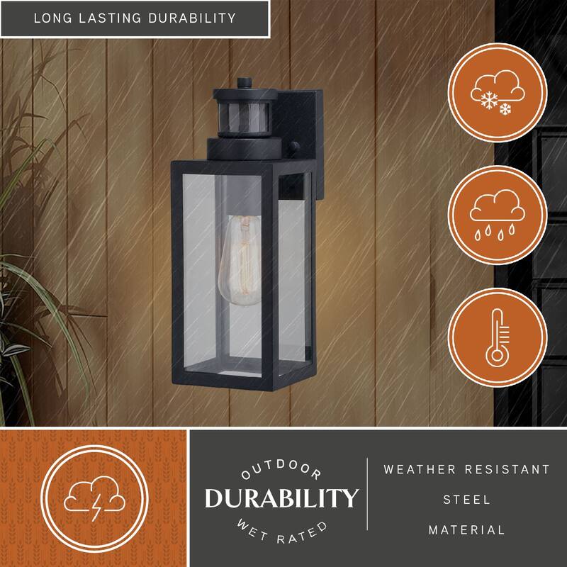 Lombard 4.75-in. 1 Light Black Motion Sensor Dusk to Dawn Outdoor Wall Lantern Clear Glass - 4.75-in W x 13-in H x 5.5-in D