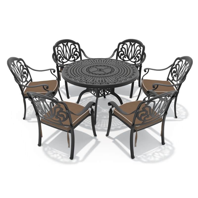 7-Piece Cast Aluminum Outdoor Dining Set with 47.24 in. Round Table and Seat Cushions