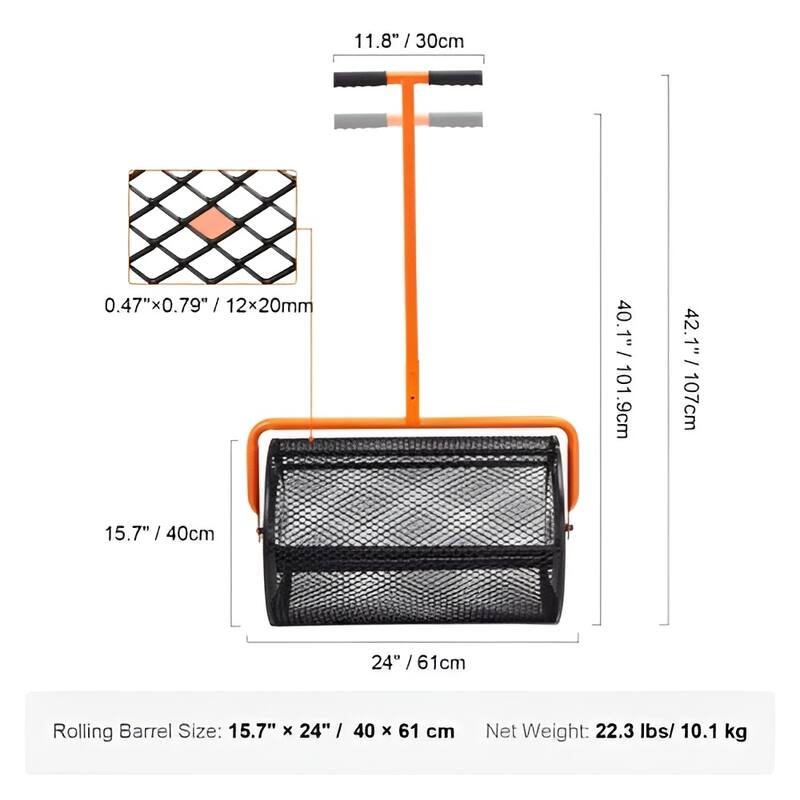 Compost & Peat Moss Spreader Roller – 24" Steel Lawn Tool - Black-Orange - 28.3" x 16.5" x 16.9"