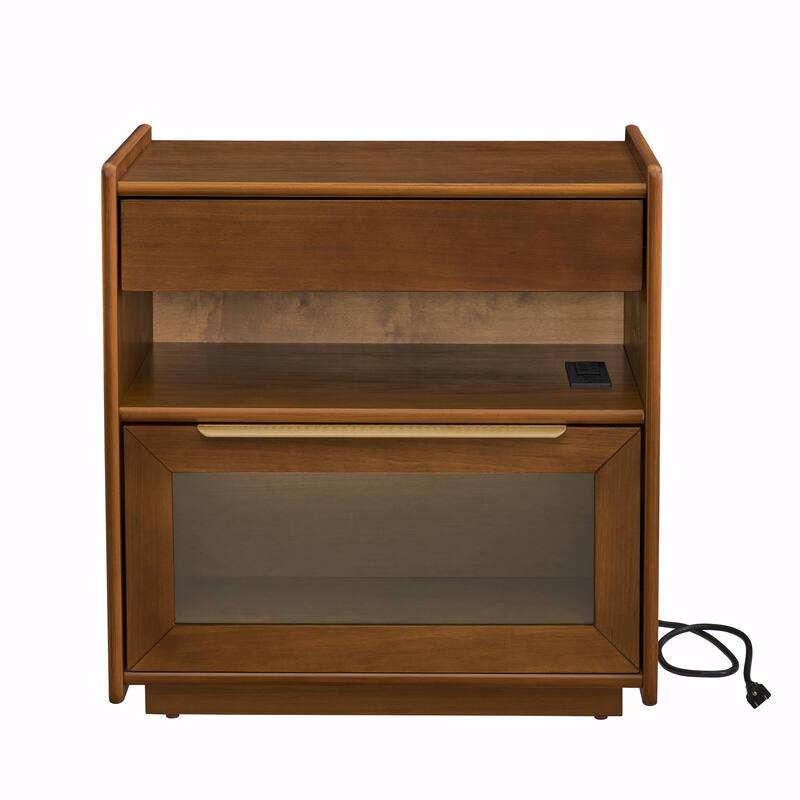 Mid Century Modern Nightstand with Charging Station & Outlet Hole & 2 Drawers