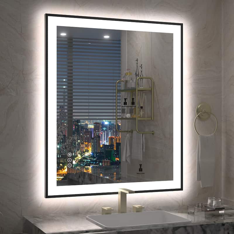Front & Back LED Anti-Fog Tempered Glass Framed Bathroom/Vanity Mirror 3-Year Warranty - 36" x 30"-Square Corner - Black