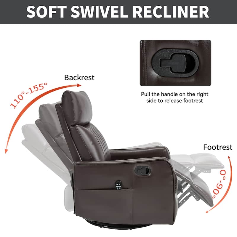 Leather Heat Massage Manual Recliner Chair with Rocker and Swivel in Fabric for Living Room