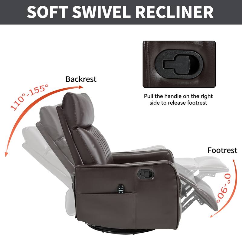 Roomfitters Swivel Rocker Recliner Chair, Manual Faux Leather Massage Armchair with Heat and Glider Motion, Living Room
