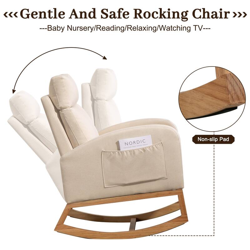 Nursery Chair Rocking Chair Glider Chair, Upholstered Accent Chair with Rubber Wood Legs, Comfy High Backrest, Side Pockets