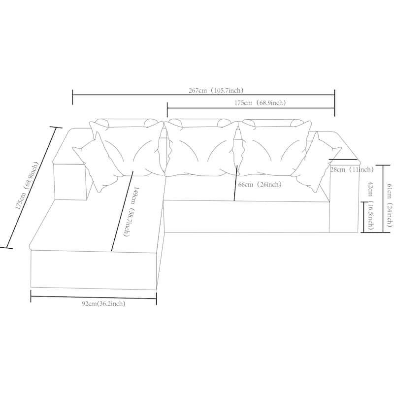 Homy Casa 105" Cloud Sectional Sofa with Chaise, Deep-Seat Modular Couch, No Assembly, Plush Corduroy