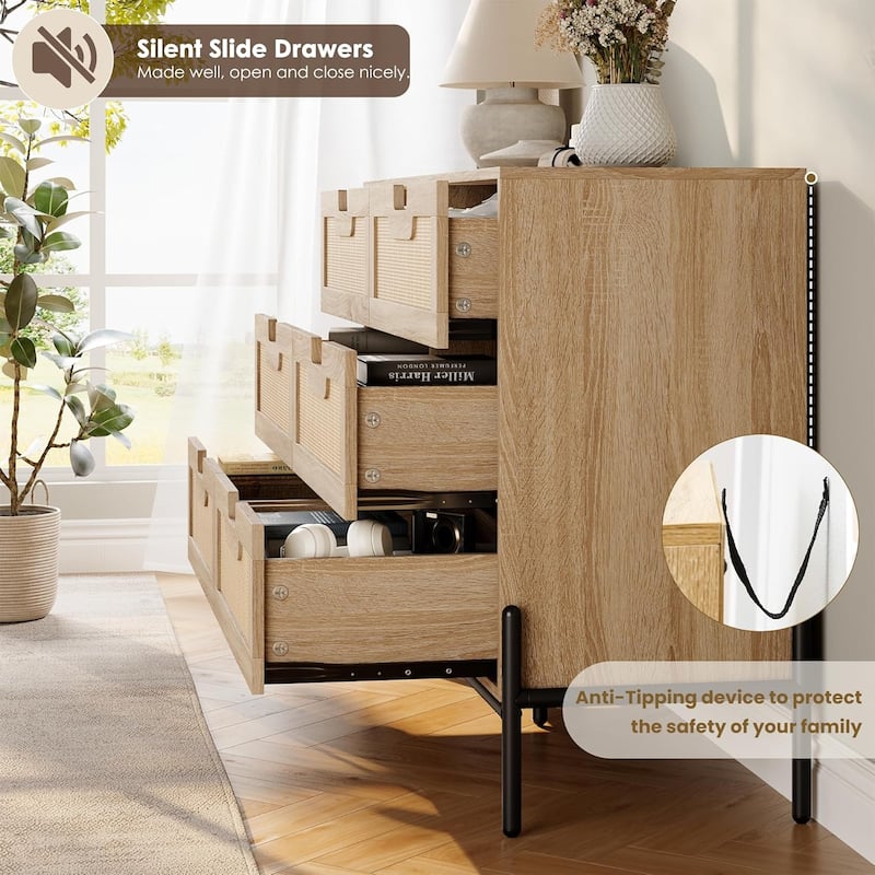 Natural Rattan 6 Drawer Dresser Boho Dresser with Chest of Drawers Modern Storage Cabinet