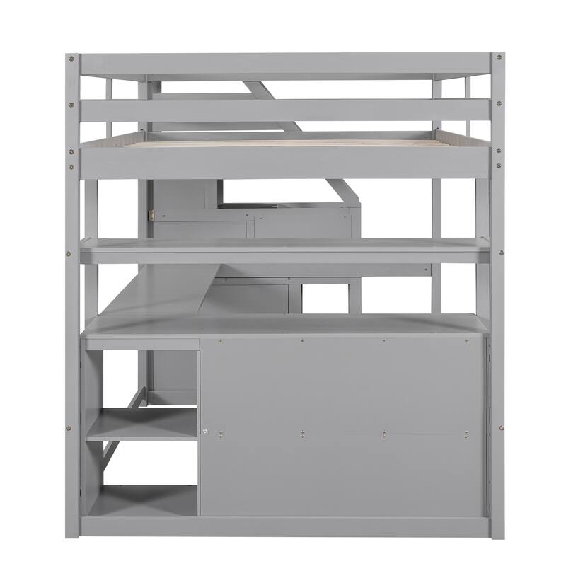Full Size Loft Bed with Desk, Shelves, Drawers, and Storage Staircase in Gray