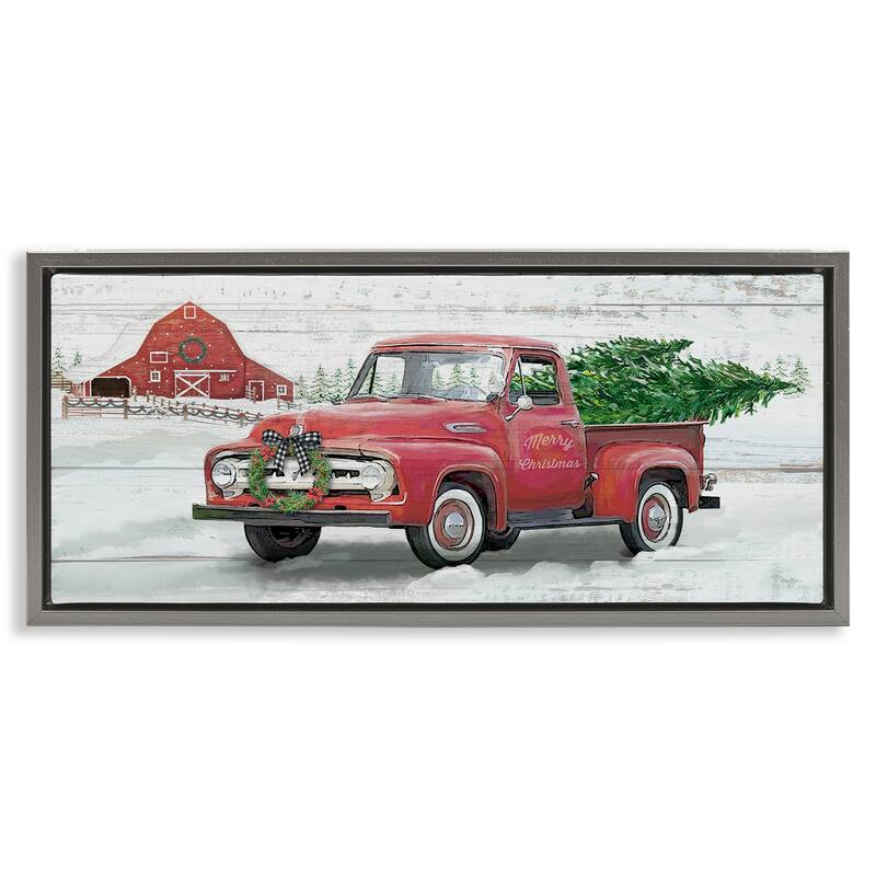 Stupell Christmas Truck on Snowy Farm Framed Floater Canvas Wall Art Design By Mollie B. - 25 x 11 - Grey