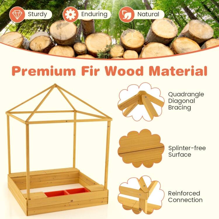 Multicolor PE Wood Kids Sandbox with Canopy, Storage Benches and Ventilated Design - 43.5" x 43.5" x 61" (L x W x H)