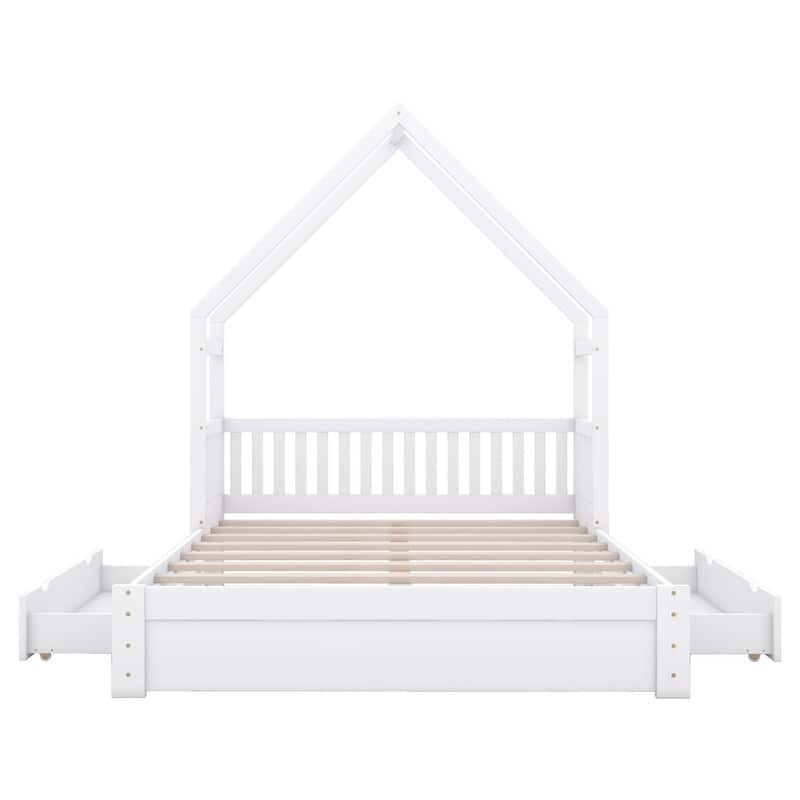 Queen Size House Shape Platform Bed Frame Safety Guardrail Storage Drawers Kids Bed