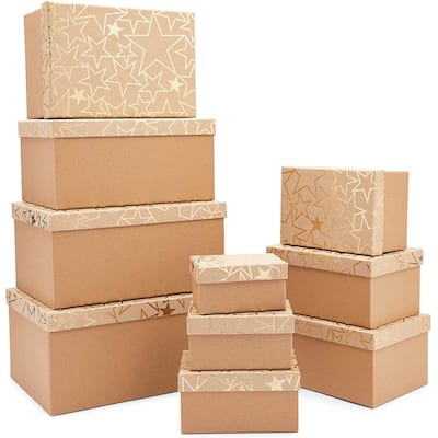 10 Pack Gold Star Nesting Boxes with Lids, 10 Assorted Sizes