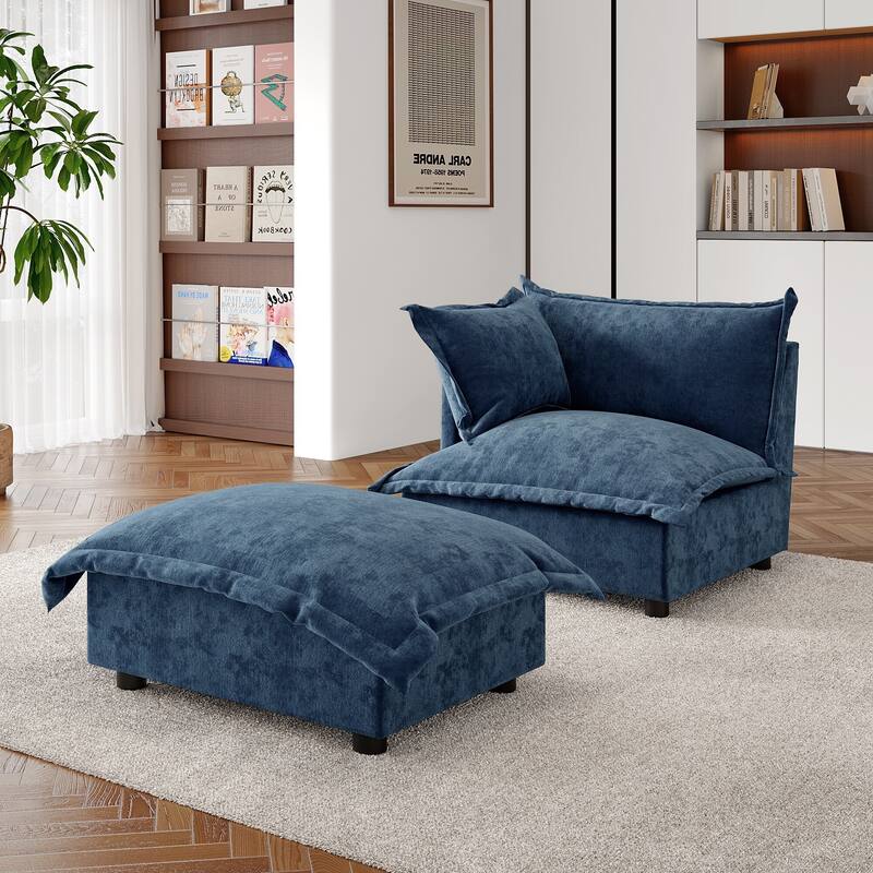 Double Layer Cushion Comfy Cloud Modular Sectional Sofa Set - Corner Sofa+Ottoman-Navy - Left Facing