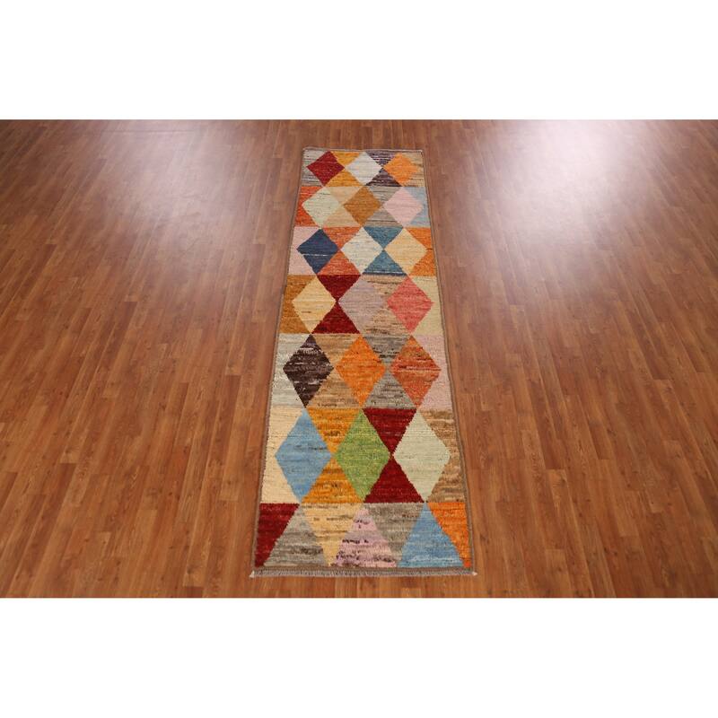 All-Over Trellis Moroccan Oriental Runner Rug Hand-Knotted Wool Carpet - 2'11" x 9'11"