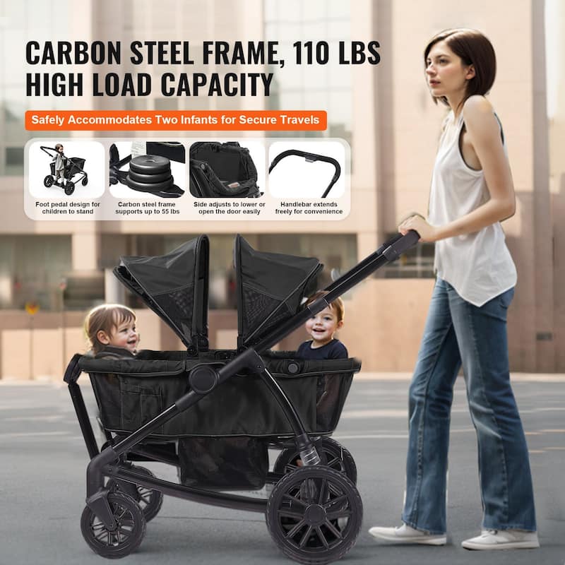 Carbon Steel All-Terrain Stroller Wagon Foldable Twin with Canopy and Tray - 47.2” L x 27.2” W x 42.1” H