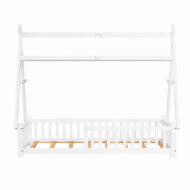 Twin Size Low House Tent Bed with Removable Roof Convertible Floor Bed with Fence, No Door for Kids Boys Girls