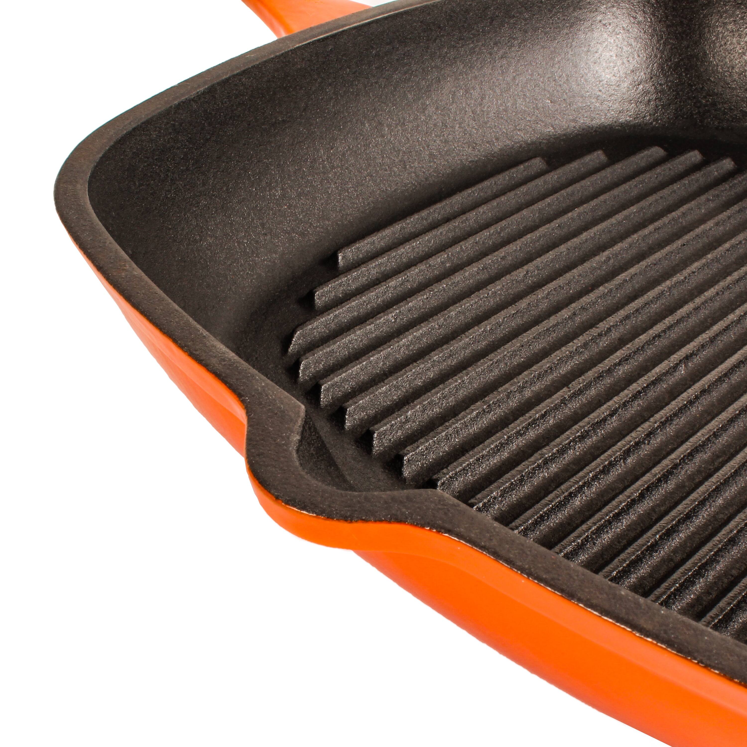Neo 3pc Cast Iron Set Fry Pan Grill Pan & Slotted Steak Press Orange