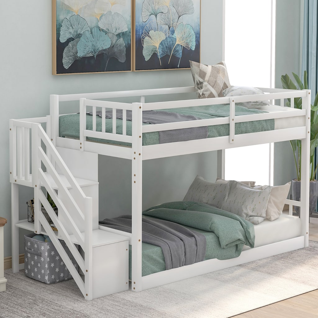 Space-Saving Twin Bunk Bed with Staircase and Storage, Low Profile