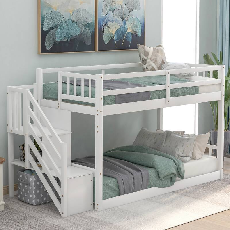 Twin Size Floor Bunk Bed w/Stairs, Twin Over Twin Wood Bunkbeds Frame