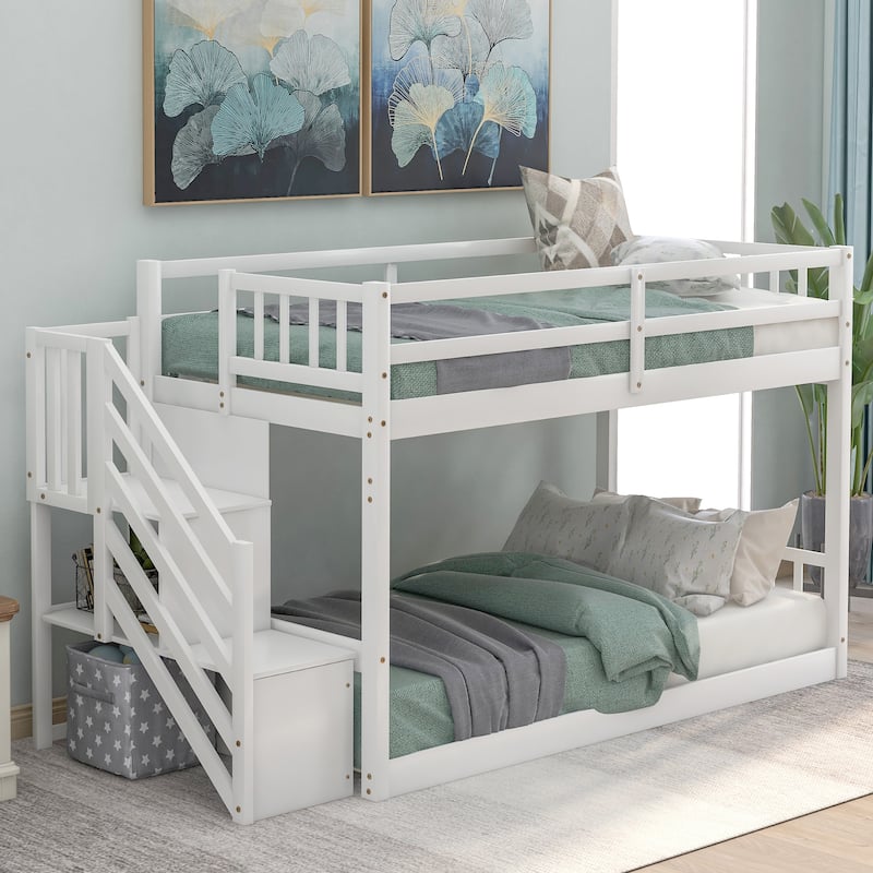 Twin over Twin Bunk Bed Floor Bed with Ladder with Storage