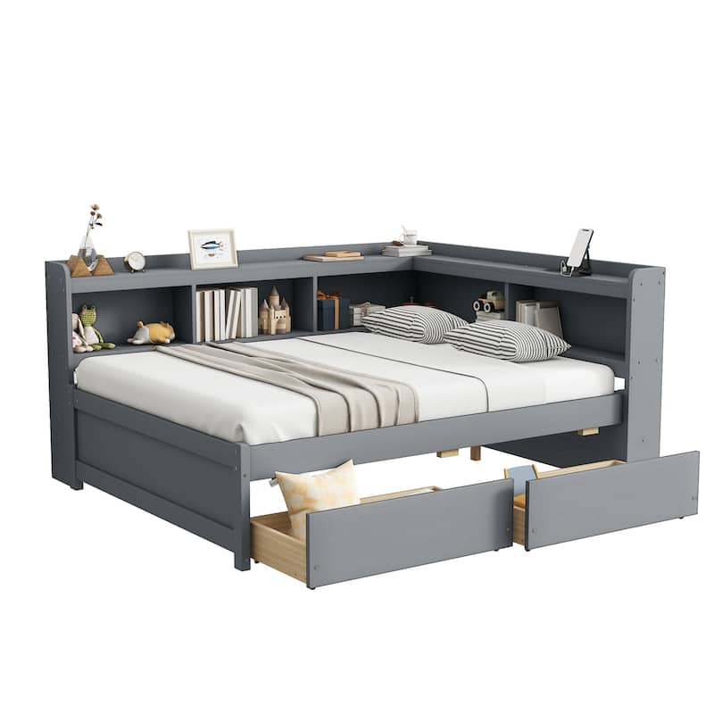 Full Size L-shaped Bookcases Bed with Power Outlets, USB Charging Ports,Two Drawers